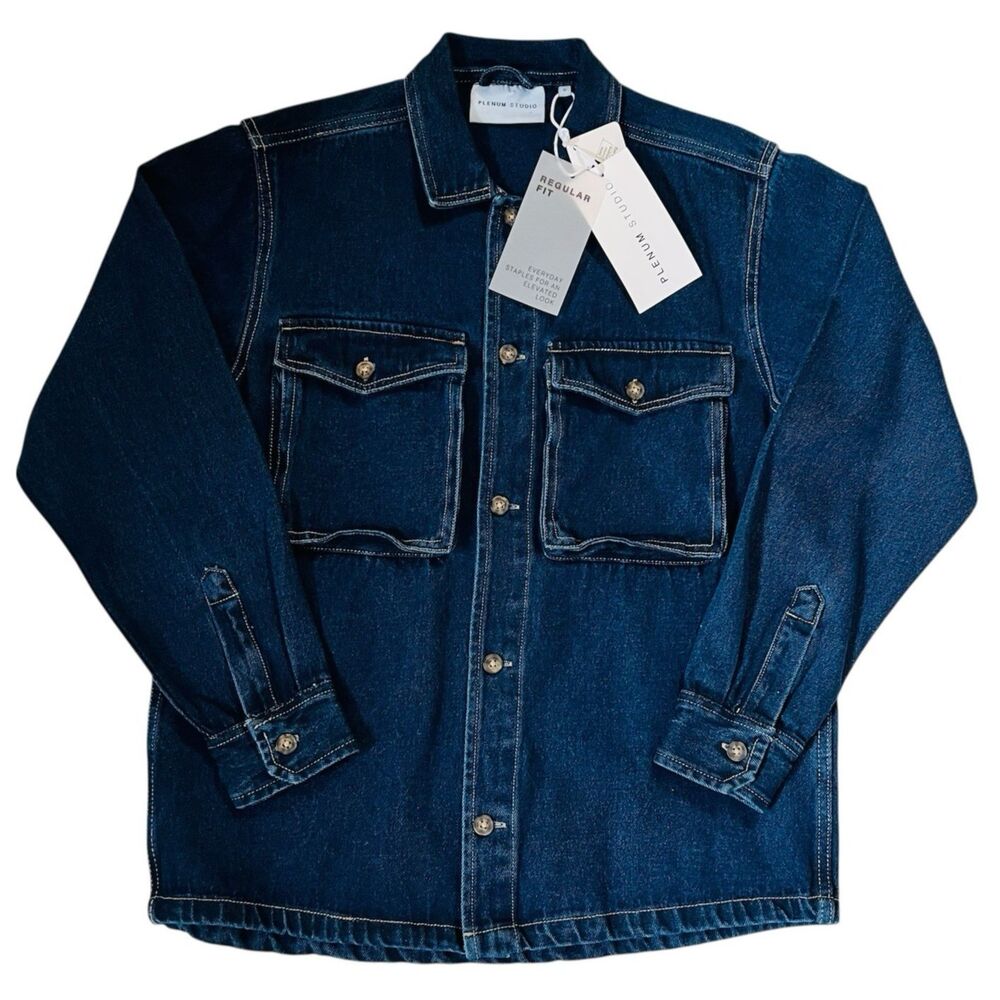NEW Plenum Studio Men’s Dark Denim Barn Jacket Shirt Cotton Button Pocket $130
